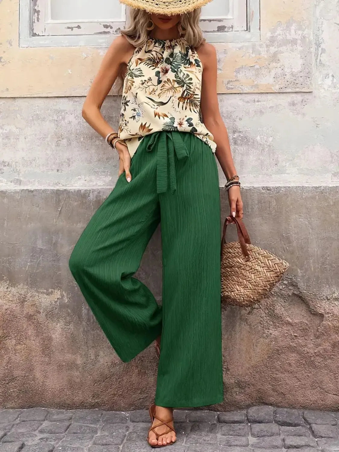 Printed Tank Top and Wide Leg Pants Set