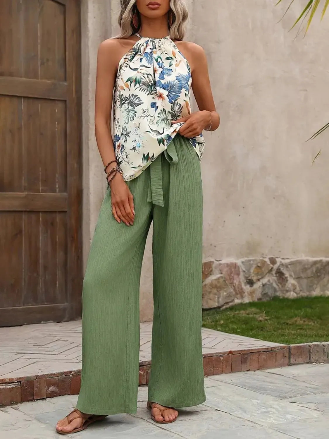 Printed Tank Top and Wide Leg Pants Set