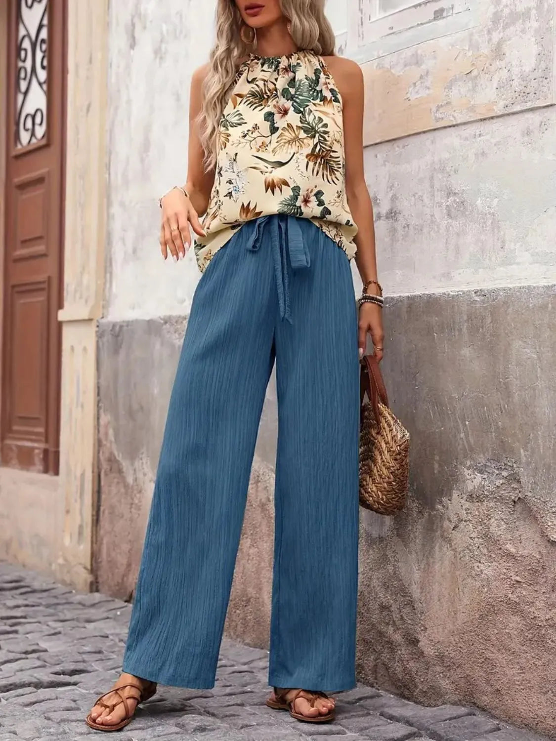 Printed Tank Top and Wide Leg Pants Set