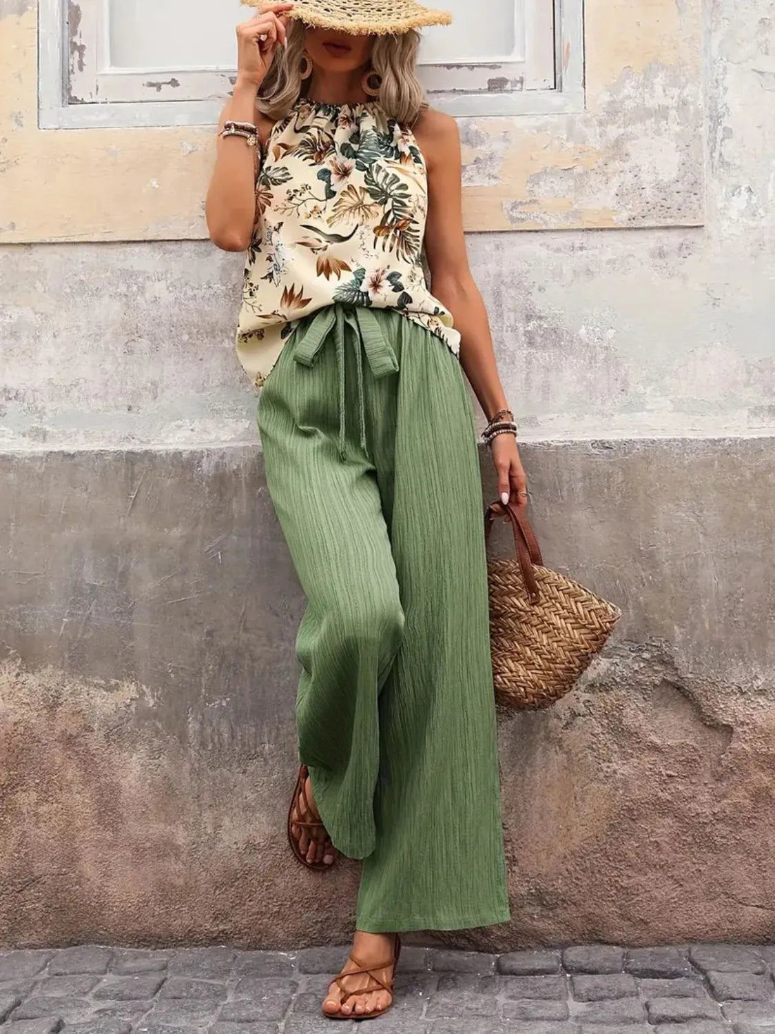 Printed Tank Top and Wide Leg Pants Set
